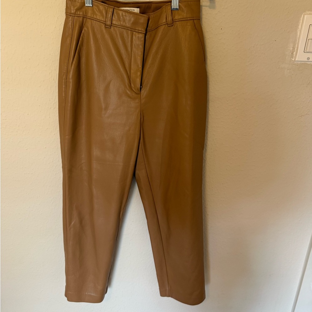 Aritzia Faux Leather Cropped Tapered Pants in Camel